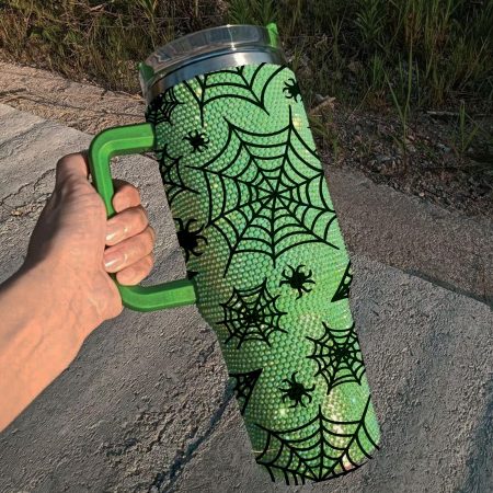 Halloween Spider Web Spider Web Bling Halloween Spooky Studded Spooky Season Dark Spider Transparent Lid Rhinestone Diamond 40oz Tumbler With Handle HG