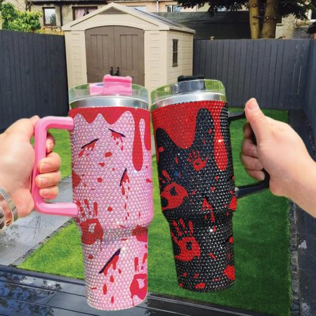 Halloween Bloody Handprint Red Dripping Bling Halloween Spooky Studded Horror Blood Drip Transparent Lid Rhinestone Diamond 40oz Tumbler With Handle HG