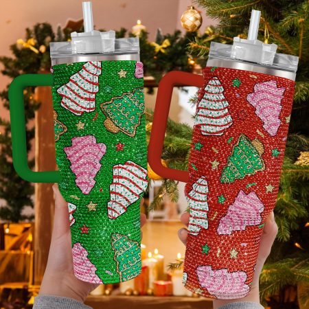 Christma Tree Cake Christma Snack Bling Puffy Christma Tree Christma Gift Milk Cookie SantaTransparent Lid Rhinestone Diamond 40oz Tumbler With Handle HG
