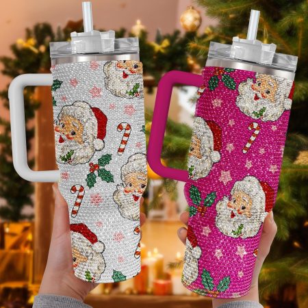 Christma Santa Clau Christma Santa Bling Puffy Christma Christma Gift Retro Santa Transparent Lid Rhinestone Diamond 40oz Tumbler With Handle HG