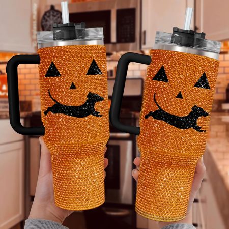 Personalized Dachshund Orange Pumpkin Halloween Bling Halloween Dachshund Gift for Dachshund LoverTransparent Lid Rhinestone Diamond 40oz Tumbler With Handle HG