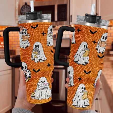 Custom Book Lover Halloween Cute Ghost Book Nerd Bling Teacher Librarian Spooky Season GiftTransparent Lid Rhinestone Diamond 40oz Tumbler With Handle HG