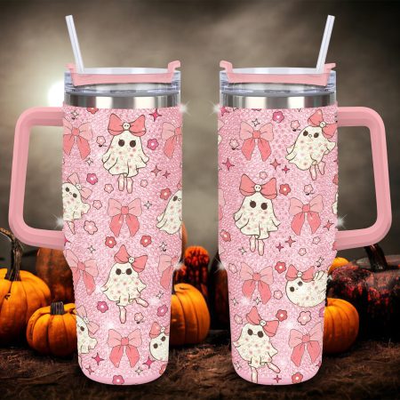 Spooky Ballerina Ghost Halloween Bling Halloween Gift Spooky Season Gift Gift for Ballet LoversTransparent Lid Rhinestone Diamond 40oz Tumbler With Handle HG
