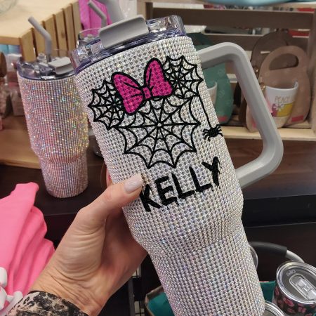 Halloween Personalized Spider Web Custom Mouse Ear Spider Web with Lid and Straw Bow Glitter Transparent Lid Rhinestone Diamond 40oz Tumbler With Handle HG