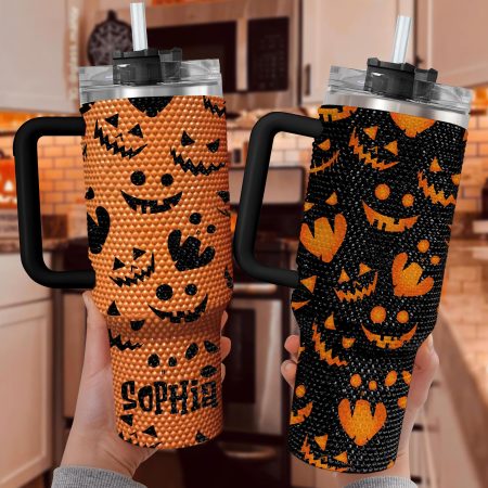 Personalized Orange Pumpkin Halloween Bling Halloween Gift Idea Spooky Season Fall Bling Transparent Lid Rhinestone Diamond 40oz Tumbler With Handle HG