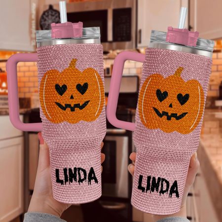 Personalized Pumpkin Halloween Bling Halloween Gift Idea Spooky Season Fall Bling Transparent Lid Rhinestone Diamond 40oz Tumbler With Handle HG