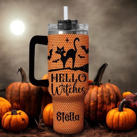 Personalized Orange Pumpkin Halloween Bling Halloween Gift Idea Spooky Season Fall Bling Transparent Lid Rhinestone Diamond 40oz Tumbler With Handle HG
