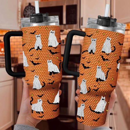 Spooky Ghost Black Cat Halloween Bling Halloween Gift Spooky Season Gift Halloween Gift for Cat LoversTransparent Lid Rhinestone Diamond 40oz Tumbler With Handle HG