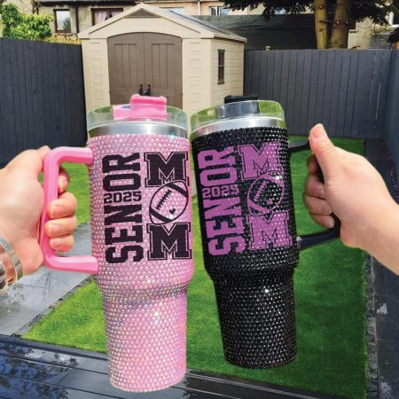 Senior Football Mom Diamond Senior Football Bling with Lid and Straw Studded Clas of 2025 Football Cheer Transparent Lid Rhinestone Diamond 40oz Tumbler With Handle HG