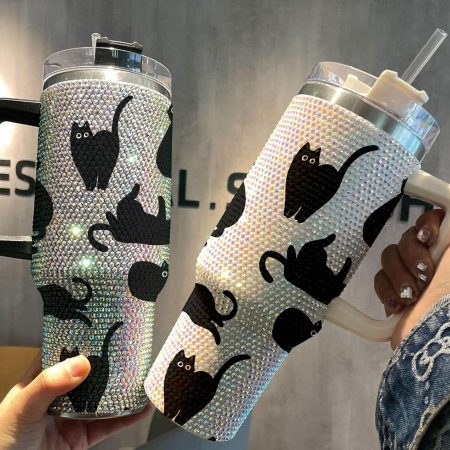 Cute Black Cat Cat Mom Bling with Lid and Straw Halloween Black Cat Gift for Cat Mom Transparent Lid Rhinestone Diamond 40oz Tumbler With Handle HG