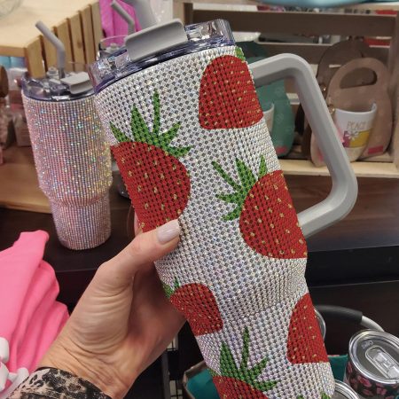 Strawberry Strawberry Bling with Lid and Straw Colorful Studded Gift for Strawberry Girl Transparent Lid Rhinestone Diamond 40oz Tumbler With Handle HG