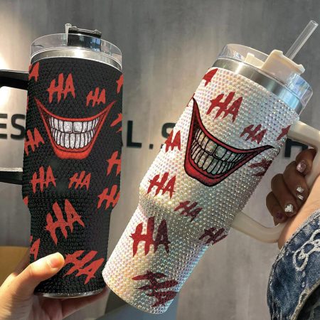 HaHaHa Ha Ha Ha Clown Smile Horror Bling with Lid and Straw Movie Villian Laughing Halloween Studded Transparent Lid Rhinestone Diamond 40oz Tumbler With Handle HG