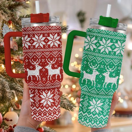 Nordic Reindeer Christma Bling Snowflake Ugly Sweater Holiday Gift Reindeer Christma Transparent Lid Rhinestone Diamond 40oz Tumbler With Handle HG