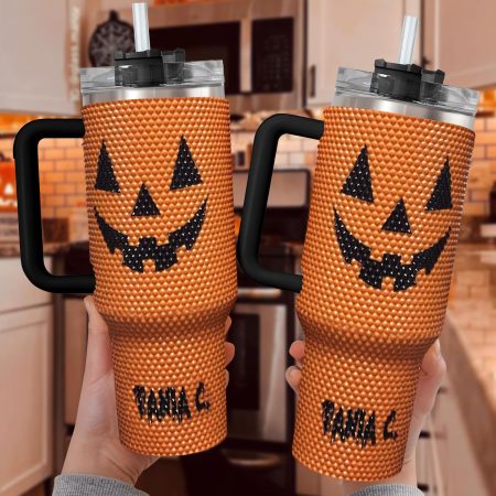 Personalized Orange Pumpkin Halloween Bling Halloween Gift Idea Spooky Season Fall Bling Transparent Lid Rhinestone Diamond 40oz Tumbler With Handle HG