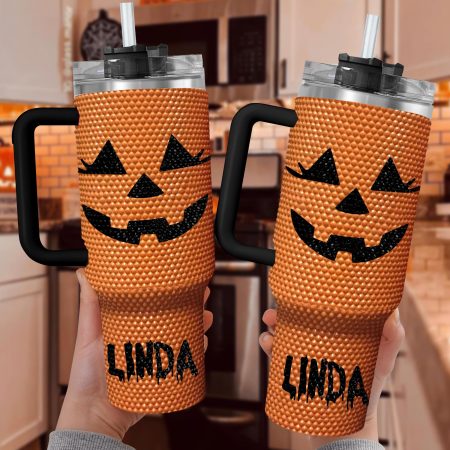 Personalized Orange Pumpkin Halloween Bling Halloween Gift Idea Spooky Season Fall Bling Transparent Lid Rhinestone Diamond 40oz Tumbler With Handle HG