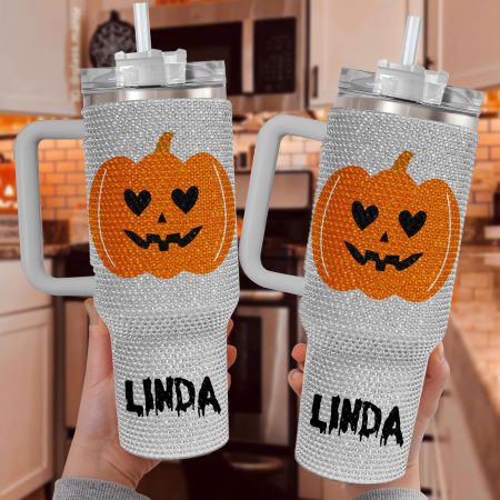 Personalized Pumpkin Halloween Bling Halloween Gift Idea Spooky Season Fall Bling Transparent Lid Rhinestone Diamond 40oz Tumbler With Handle HG