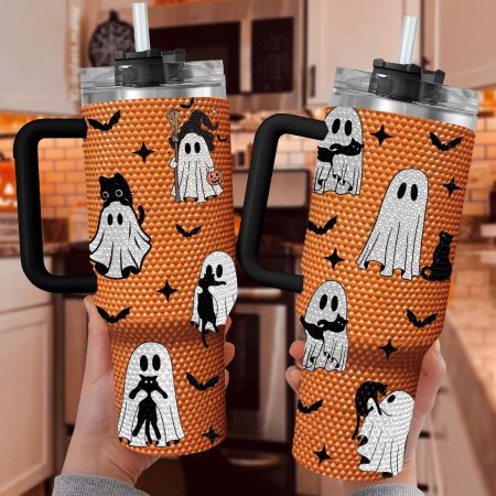 Spooky Ghost Halloween Bling Halloween Gift Idea Spooky Season Gift Fall Ghost Pumpkin Transparent Lid Rhinestone Diamond 40oz Tumbler With Handle HG