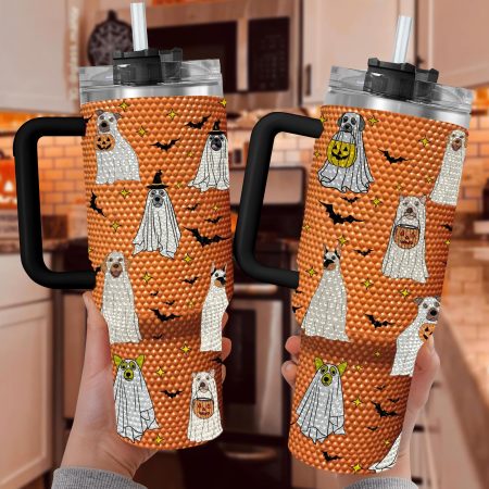 Spooky Ghost Dog Halloween Bling Halloween Gift Spooky Season Gift Halloween Gift for Dog LoversTransparent Lid Rhinestone Diamond 40oz Tumbler With Handle HG