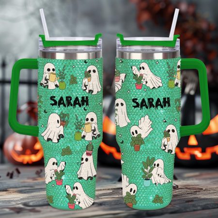 Custom Ghost Plant Cute Halloween Gardener Halloween Bling Halloween Plant Lover Gift Ghost GardeningTransparent Lid Rhinestone Diamond 40oz Tumbler With Handle HG