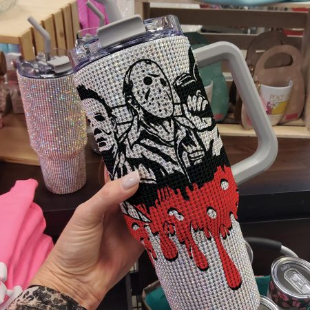 Halloween Horror Movie Character Horror Bling Ghost with Lid and Straw Studded Horror Gang Spooky Transparent Lid Rhinestone Diamond 40oz Tumbler With Handle HG