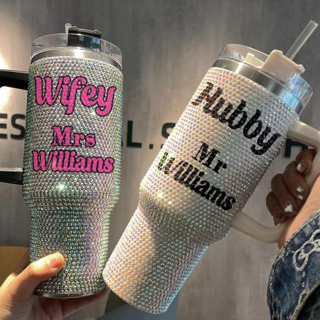 Personalized Wifey & Hubby Custom Couple Bling with Lid and Straw Studded Honeymoon Wedding Party Gift Transparent Lid Rhinestone Diamond 40oz Tumbler With Handle HG
