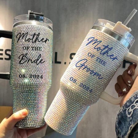 Personalized Mother of the Bride and Groom Custom Wedding Bling with Lid and Straw Wedding Party Gift Transparent Lid Rhinestone Diamond 40oz Tumbler With Handle HG