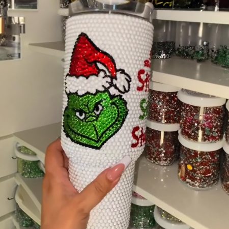 Custom Christma Grinch Christma Stainles Steel Xma Holiday Transparent Lid Rhinestone Diamond 40oz Tumbler With Handle HG