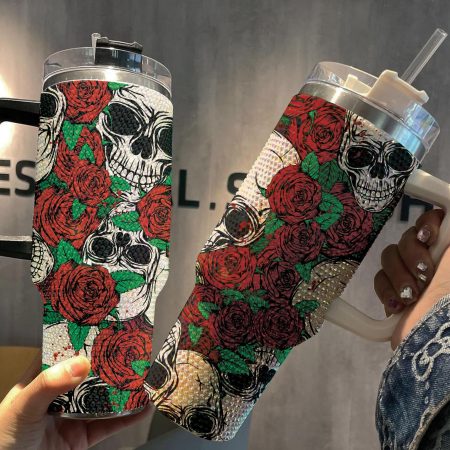 Skull And Rose Skeleton Rose Bling with Lid and Straw Studded Gothic Skull with Rose Halloween Transparent Lid Rhinestone Diamond 40oz Tumbler With Handle HG