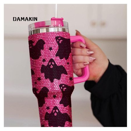 Spooky Ghost DK98 Halloween Ghostie Bling Halloween Gift Idea Spooky Season Fall Cute Ghost Transparent Lid Rhinestone Diamond 40oz Tumbler With Handle HG