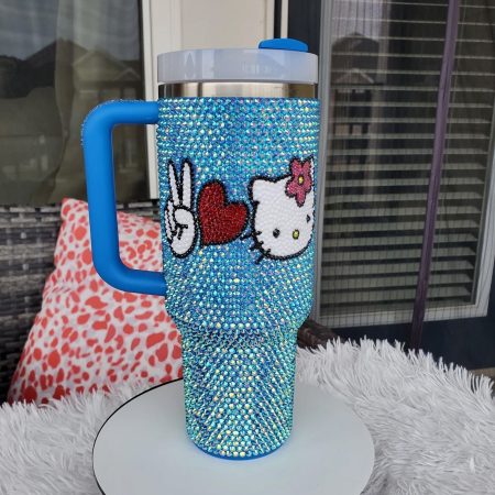 Custom Peace Love Kitty Disney Stainles Steel Disney Transparent Lid Rhinestone Diamond 40oz Tumbler With Handle HG