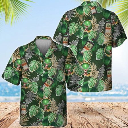 Jagermeister Green Tropical Leaf Hawaiian Shirt, Green Monstera Jagermeister Button Down Hawaiian Shirt, Tropical Jagermeister Summer Aloha Shirt