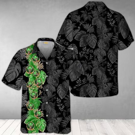 Green Jagermeister Tropical Leaf Black Hawaiian Shirt, Tropical Jagermeister Button Down Short Sleeve Shirt, Jagermeister Black Hawaiian Shirts
