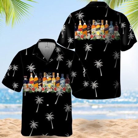 Johnnie Walker Collection Black Hawaiian Shirt, Johnnie Walker Palm Tree Summer Aloha Shirts, Tropical Johnnie Walker Button Down Hawaiian Shirts