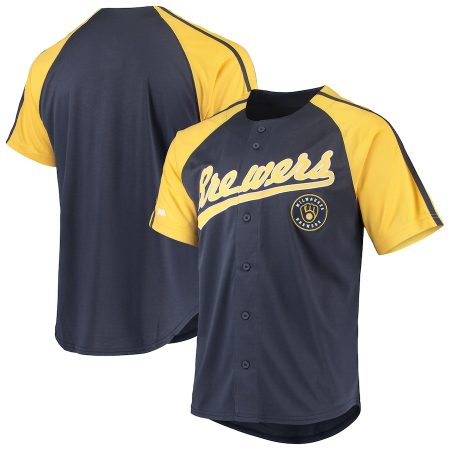 Milwaukee Brewers Stitches Button-Down Raglan Replica Jersey – Navy –