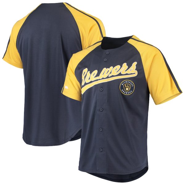 Milwaukee Brewers Stitches Button-Down Raglan Replica Jersey – Navy –