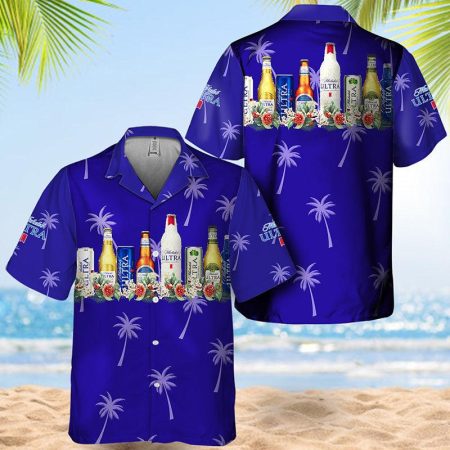 Michelob Ultra Collection Royal Blue Hawaiian Shirt, Michelob Ultra Palm Tree Summer Aloha Shirts, Tropical Michelob Ultra Button Down Shirts