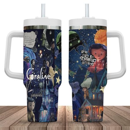 Scary Doll Horror Coraline Halloween Cartoon Custom Quencher 40oz Stainless Steel Tumbler With Handle HCA
