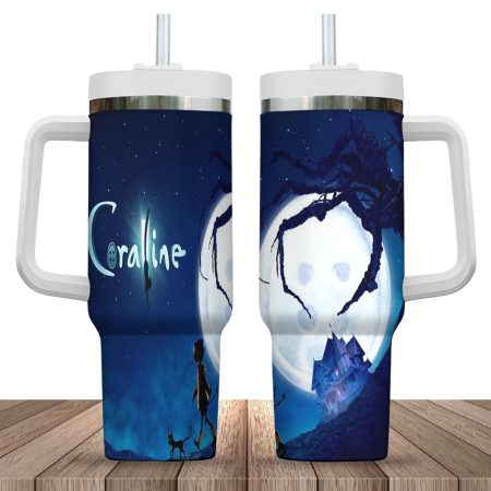 Coraline Halloween Cartoon Custom Quencher 40oz Stainless Steel Tumbler With Handle HCA