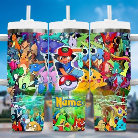 Pokemon Cartoon Custom Stanley Quencher 30oz or 40oz Stainless Steel Tumbler With Handle HG With Handle